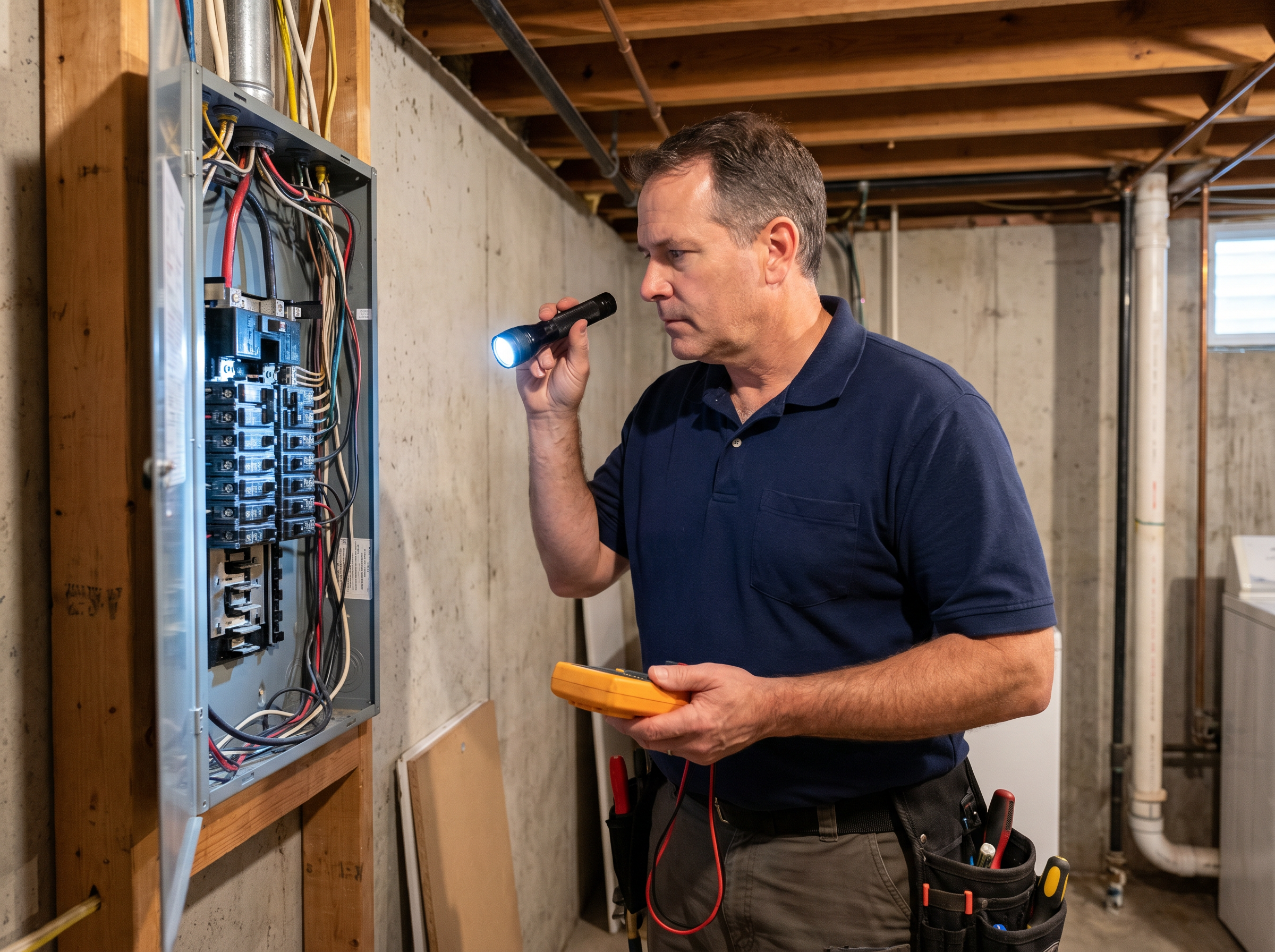 Home inspector conducting thorough interior inspection examining plumbing and electrical systems in northern New Jersey home